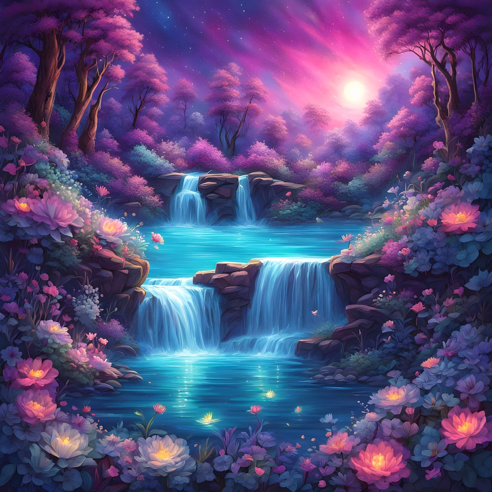 Magenta Waterfall Radiates Love and Serenity in Vibrant Cosm...