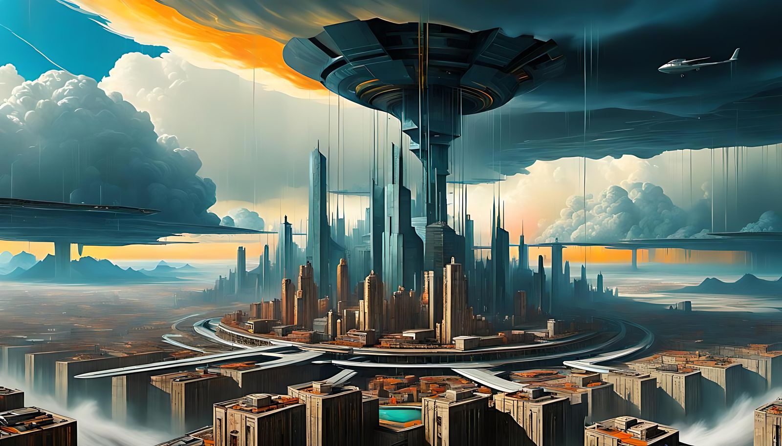 High-Tech City Ascends Into Storm, Surreal Digital Art
