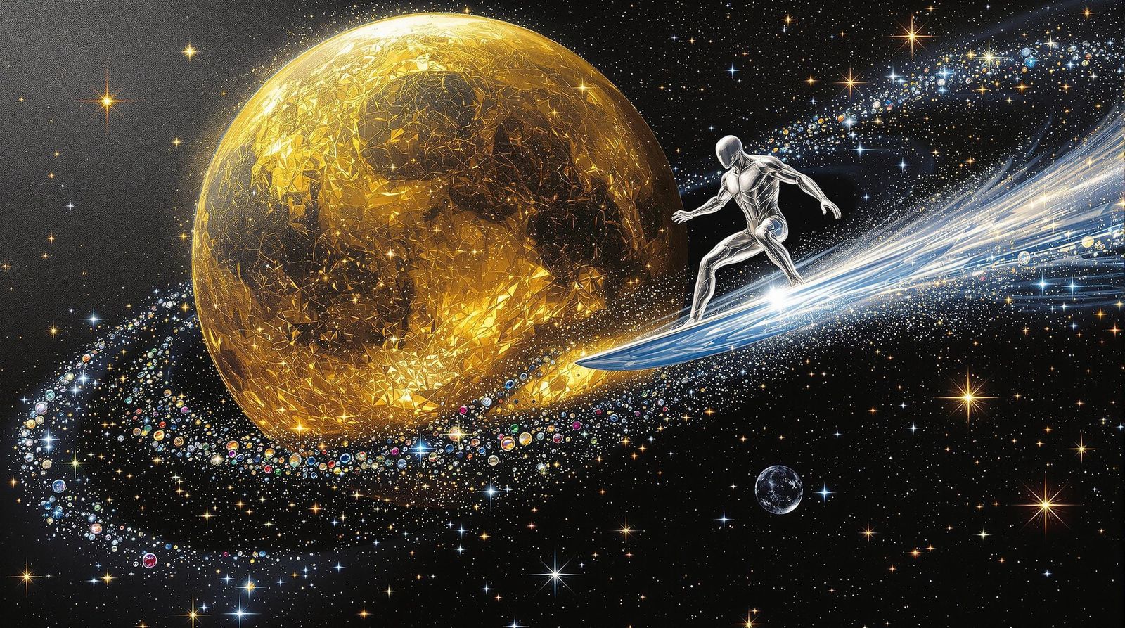 Cosmic Silver Surfer in Vibrant, Surreal Dreamscape
