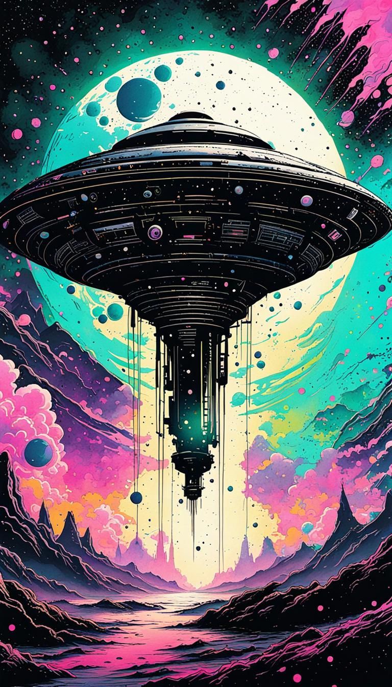 Alien Spacecraft Moonscape in Ink Splatter Art