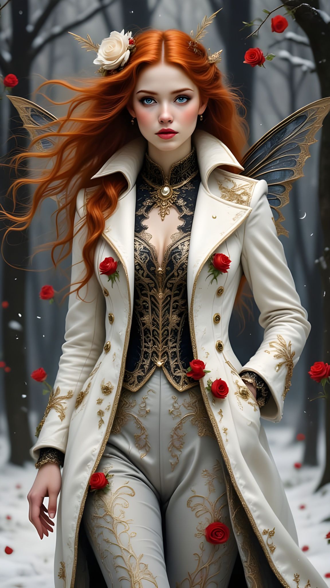 Fairy Woman in Edwardian Coat Holding Rose in Snow