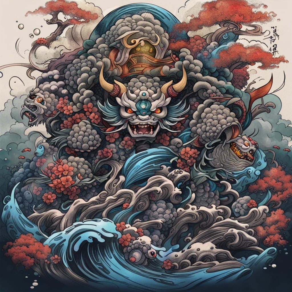 Japanese Yokai Tattoo Sketch: Detailed Matte Painting