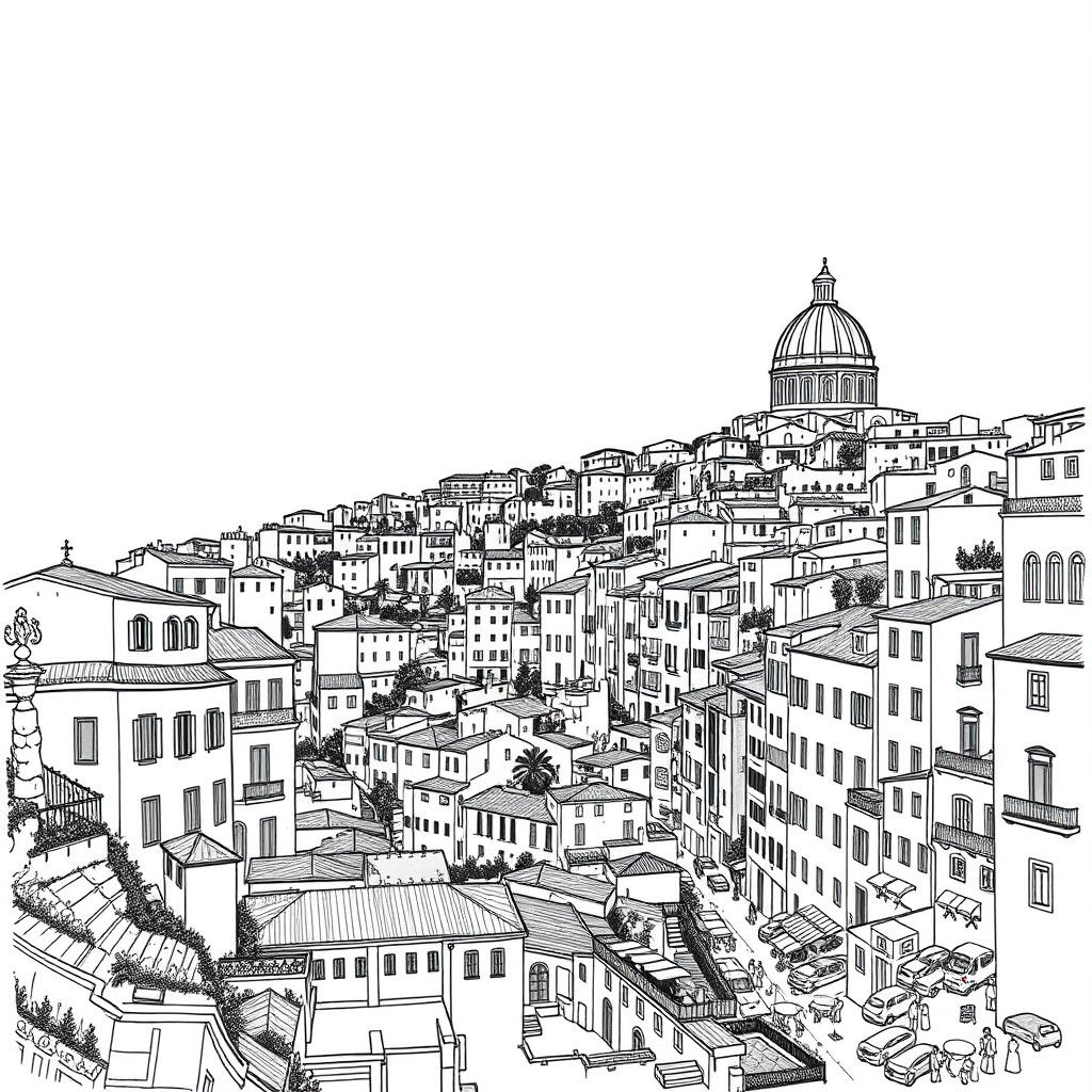 Intricate Black and White Italian Cityscape Doodle