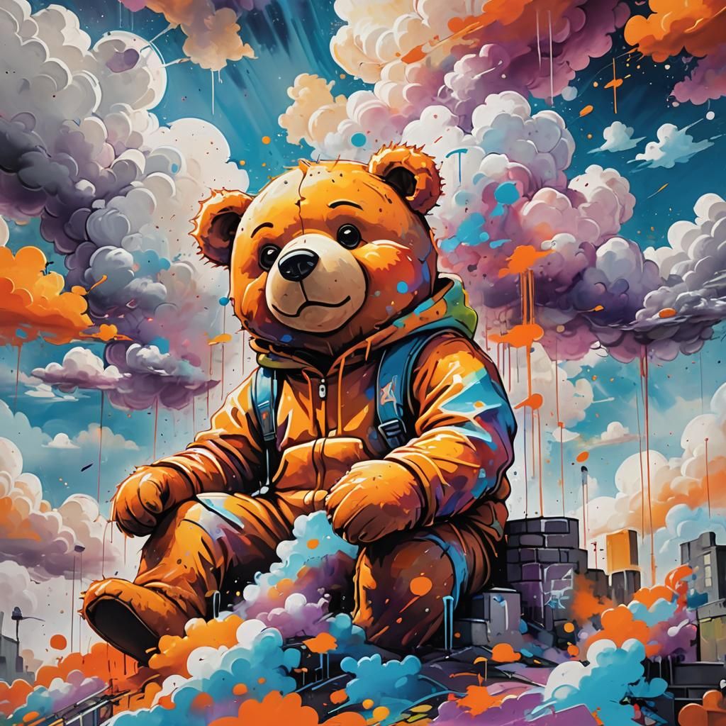 Vibrant Graffiti Art of Teddy Bear on Clouds