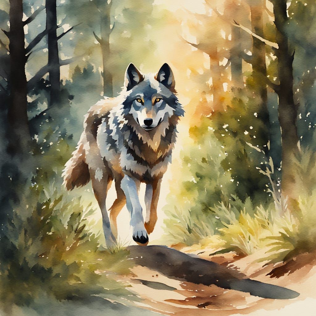 Wolf Running Through Forest in Watercolour Style