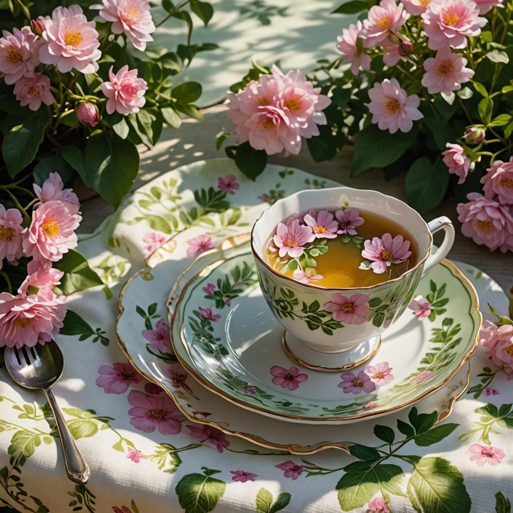 Macro Photo of Teacup with Flowers in Golden Light