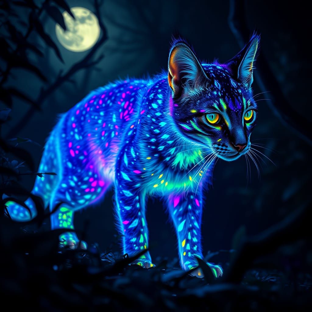 Luminescent Neon Cat in Mystical Clearing