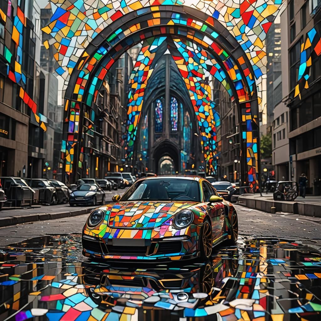 Stained Glass Porsche 911 in Cyberpunk City