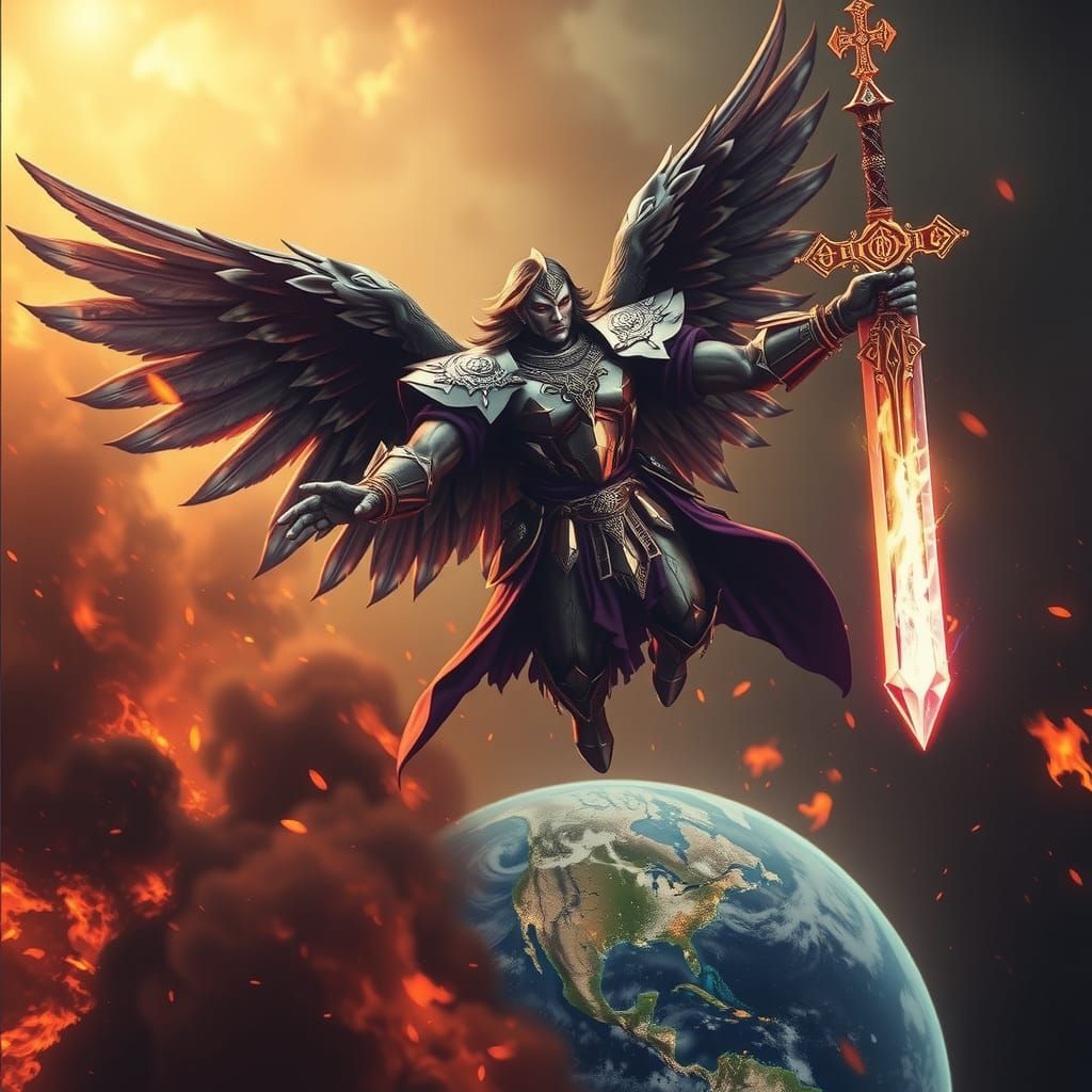 Archangel Soaring Above a Burning Planet Earth