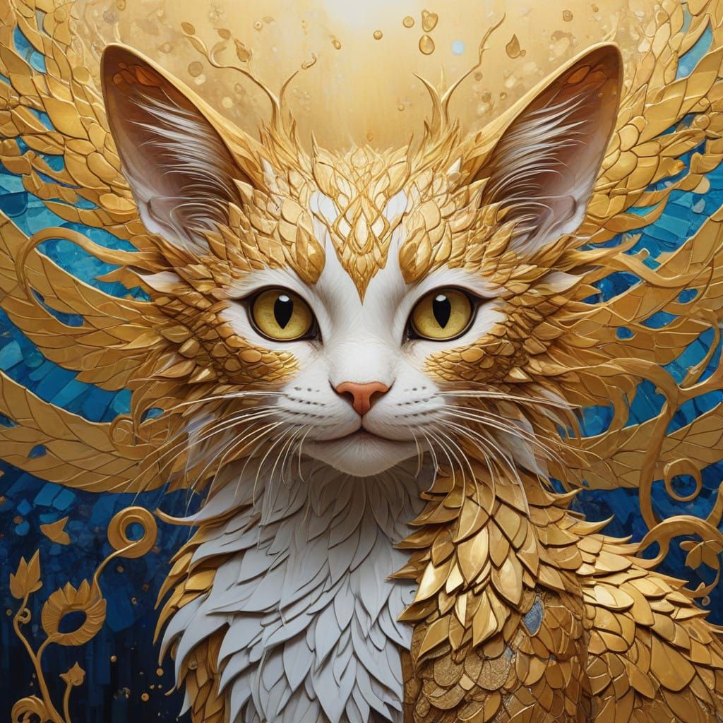 Whimsical Yellow-Gold Kitten-Dragon in Dramatic Acrylic Styl...