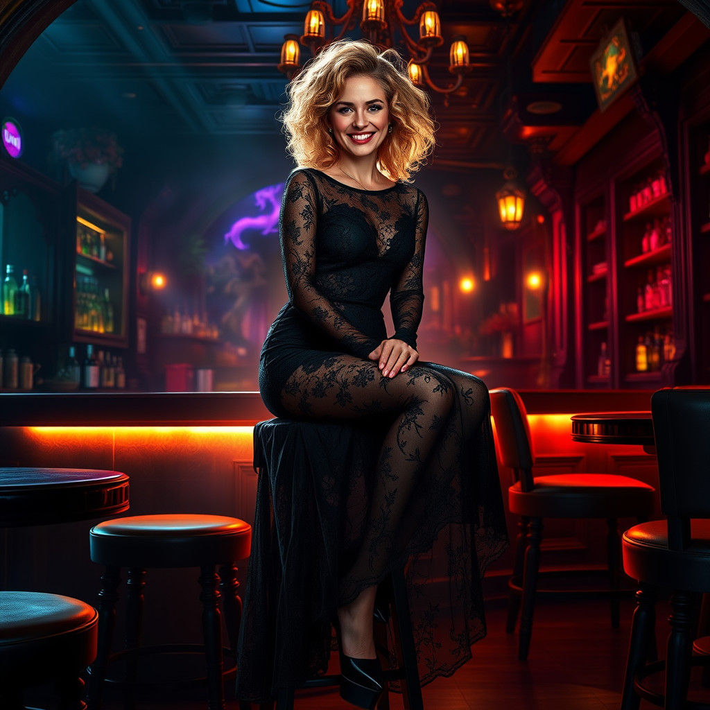 Elegant Woman in Black Lace Dress in Mystical Bar
