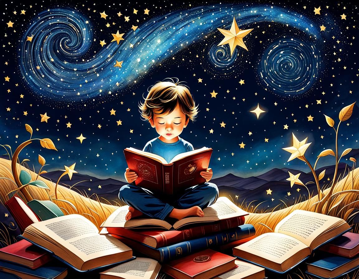 Child's Whimsical Reading Adventure in Digital Watercolor