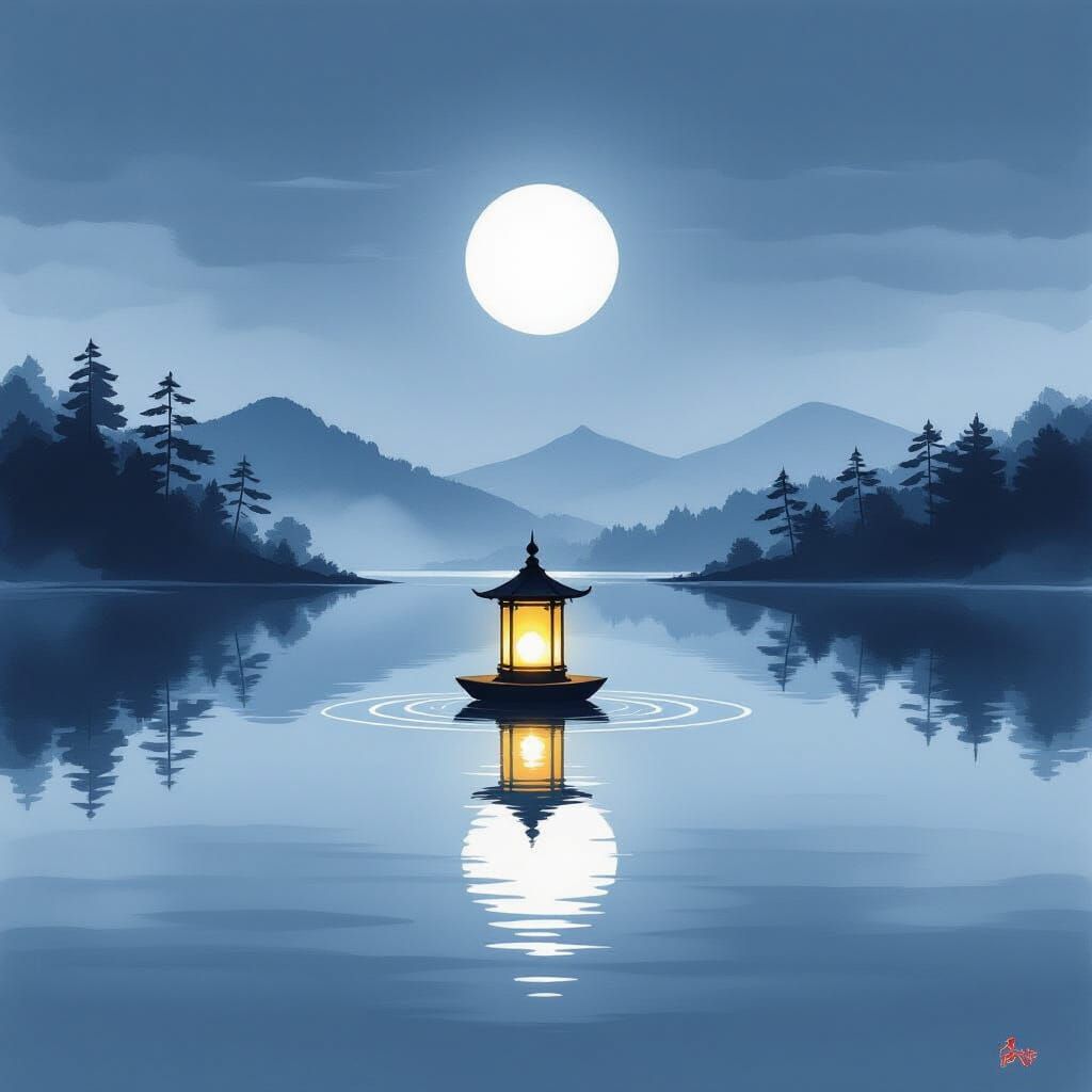Glowing Lantern Over Glassy Lake in Sumi-e Style