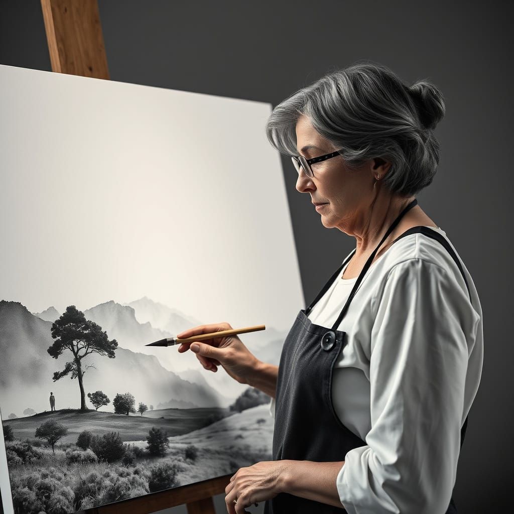 Monochromatic Watercolor Painting of Woman Painting