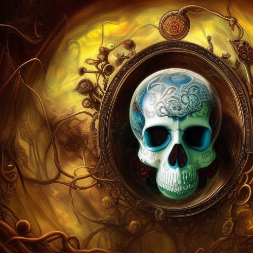 Glass Skull with Entwined Worlds: Detailed Matte Painting