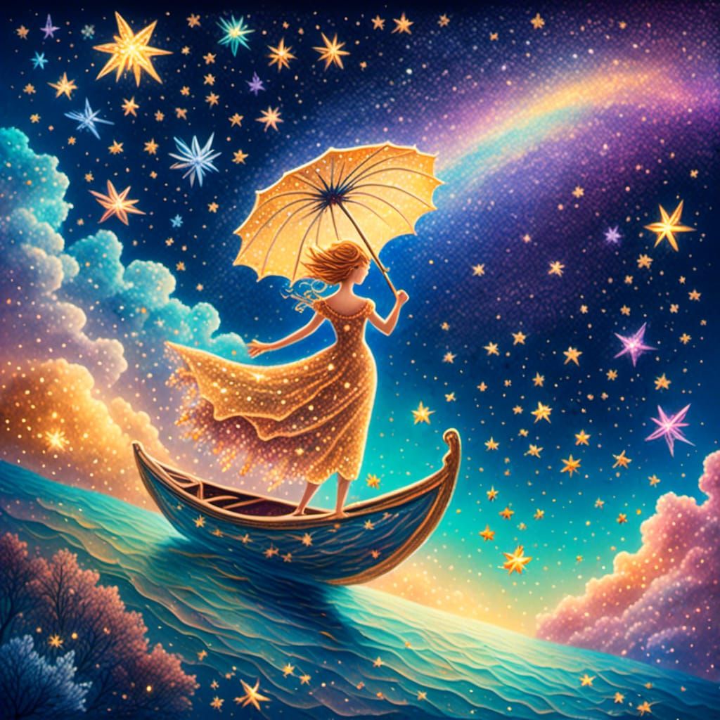 Cosmic Fairy Sailing in a Leaf Boat: Mixed Media Illustratio...