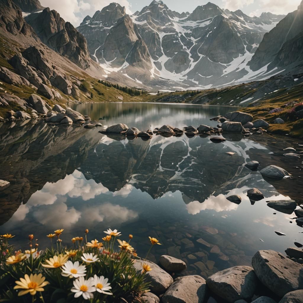Still Lake Reflects Snow-Capped Peaks in Cinematic Style