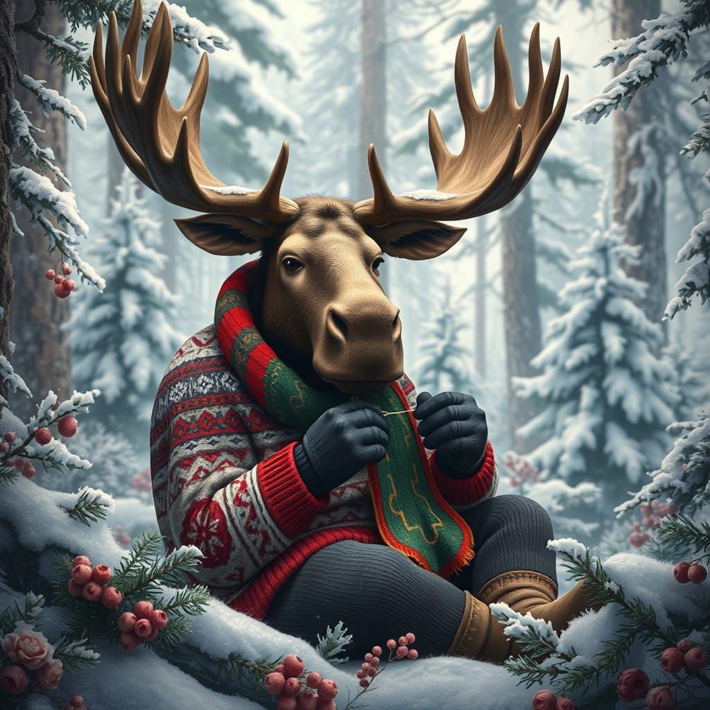 Majestic Moose Knitting in Whimsical Snowy Forest