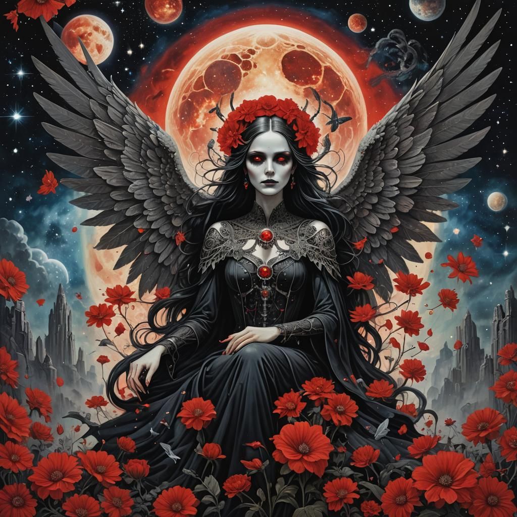 Winged Woman in Cosmic Gothic Sci-Fi Style