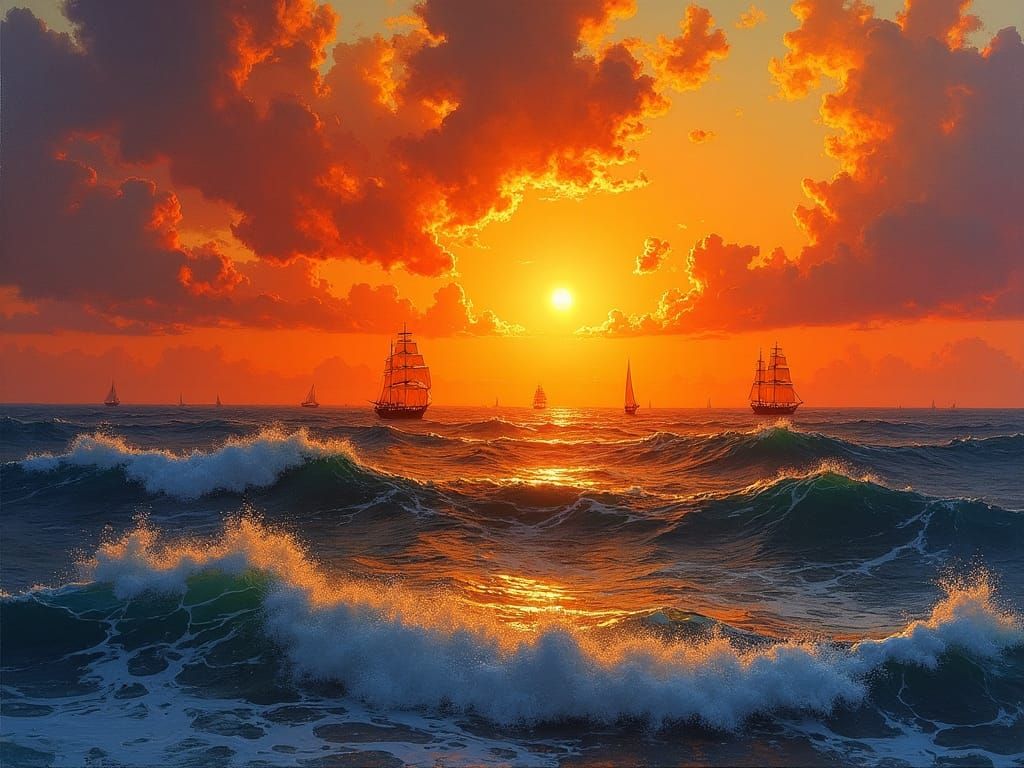 Blazing Sunset Seascape in Hyperrealistic Oil Painting