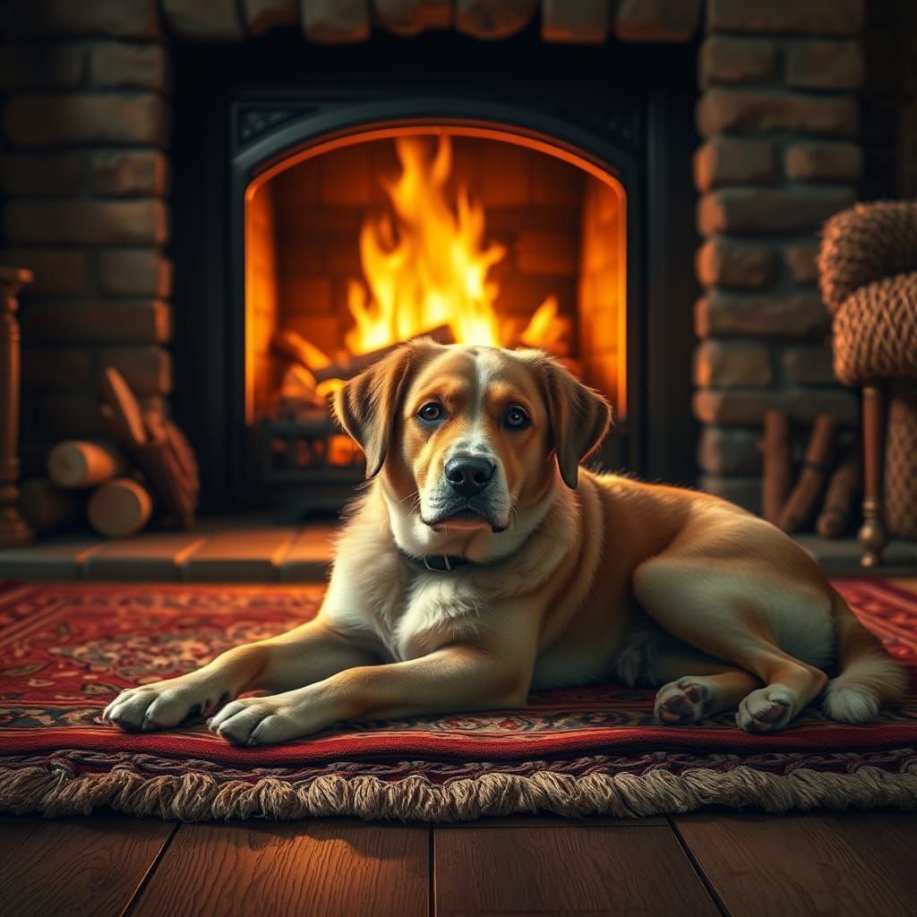 Cozy Dog Lounging by Fireplace