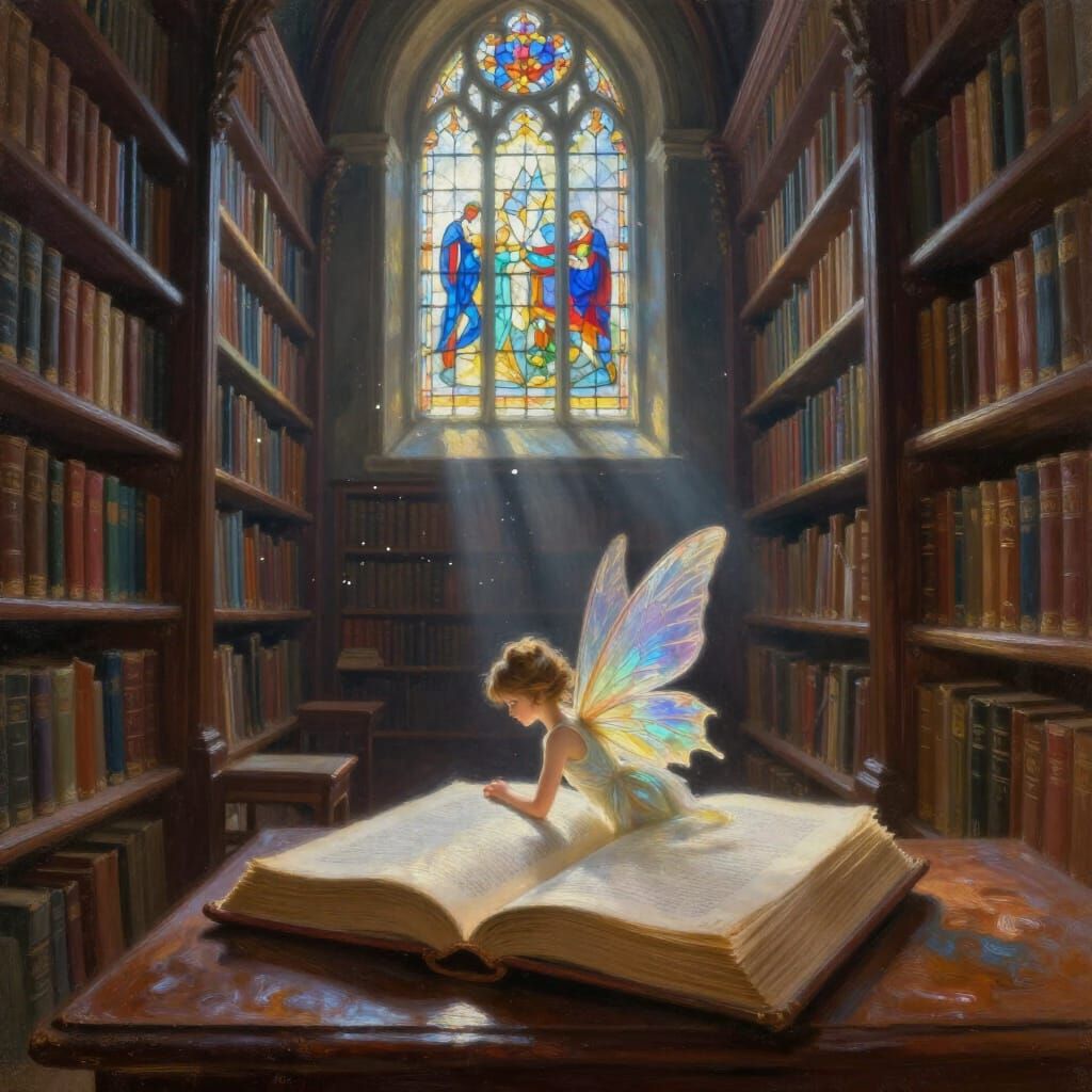 Fairy Resting on Book in Ancient Library