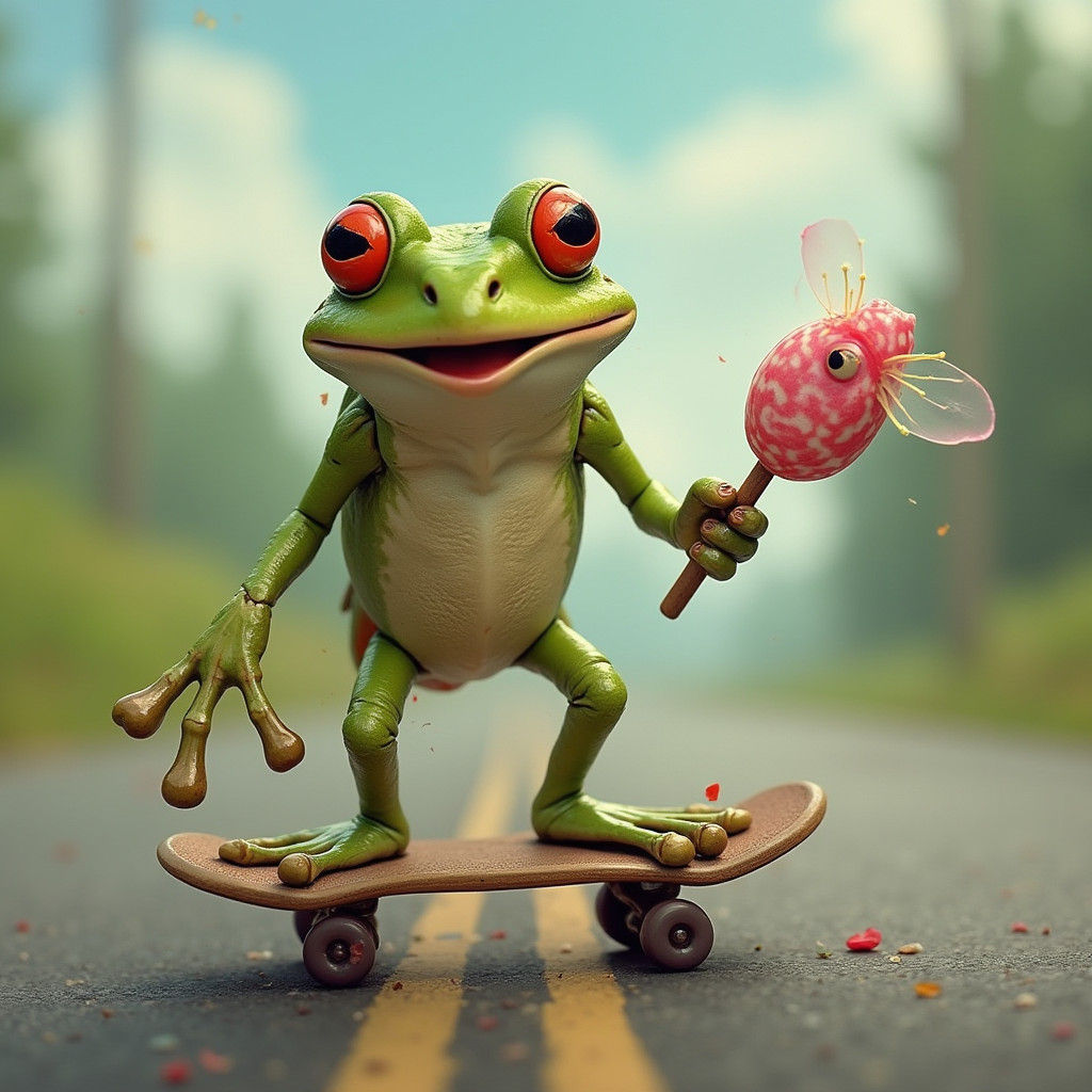 Whimsical Frog Skateboarder Eats Fly Lollipop