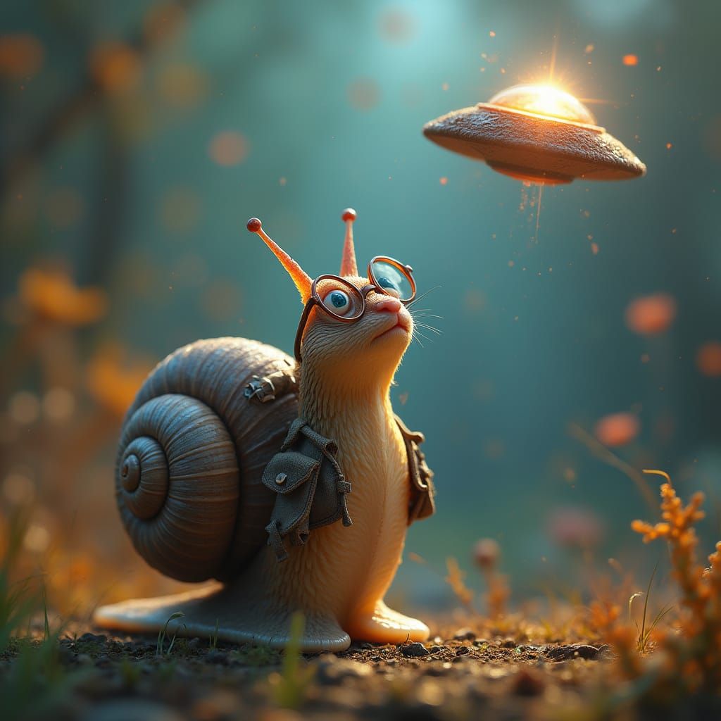 Snail Stares at UFO: Hyperrealistic Sci-Fi Art