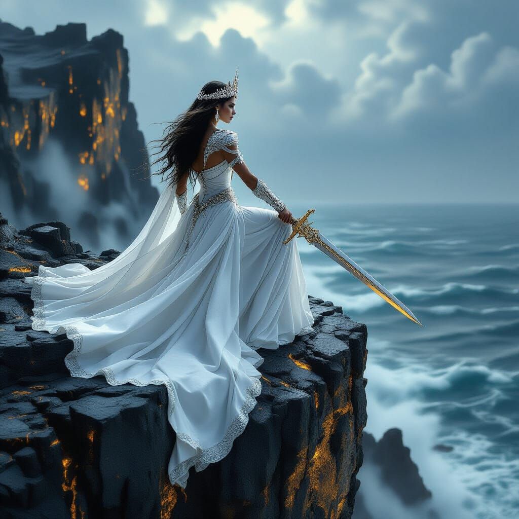 Warrior Woman on Obsidian Cliff Above Stormy Sea