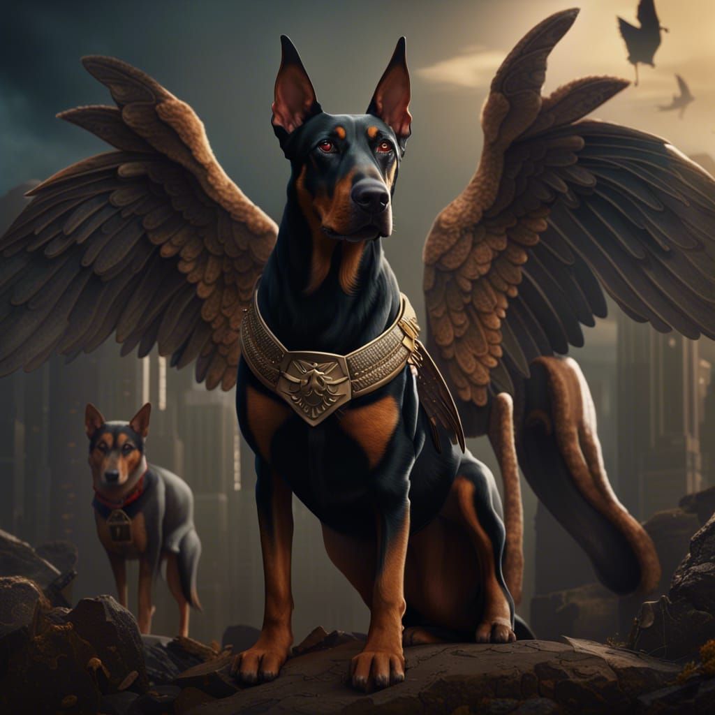 Winged Doberman and German Shepherd: Fantasy Concept Art