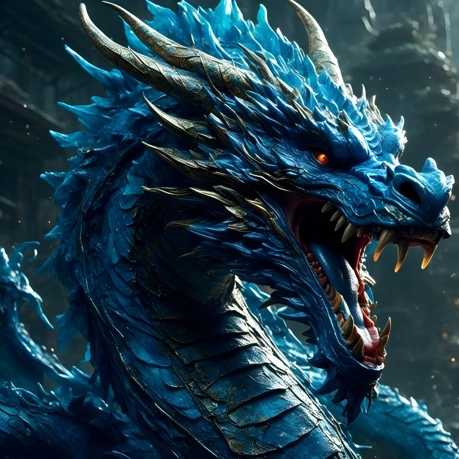 Detailed Blue Dragon Illustration with Graffiti Elements