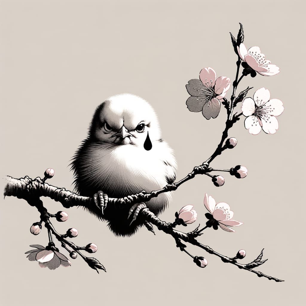 Annoyed Chick on Cherry Blossom Branch in Ink Wash Style