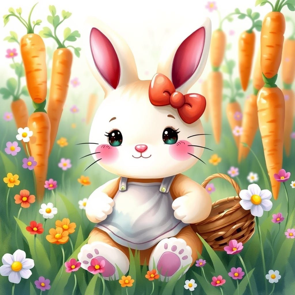 Chubby Pastel Carrot Bunny in Whimsical Watercolor Style