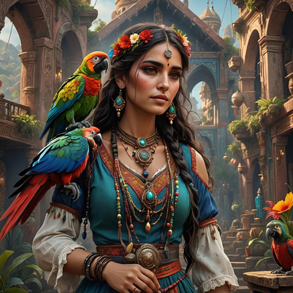 Gypsy Girl with Parrot: Fantasy Concept Art