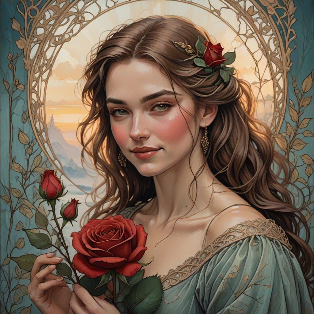 Ethereal Young Woman Holding a Single Rose in Gratitude