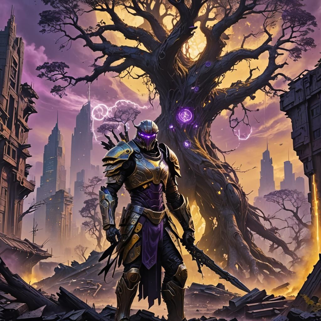 Futuristic Warrior in Ruined Cityscape: Dark Fantasy Art