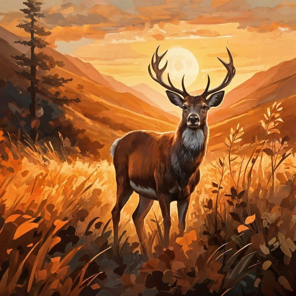 Deer Grazing at Sunrise: Modern Romantic Painting
