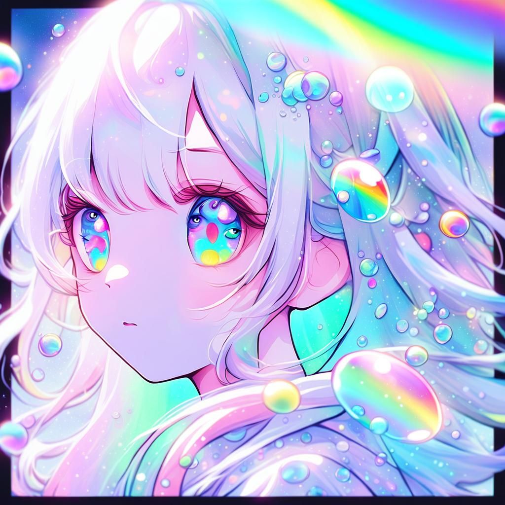 Kawaii Girl with Rainbow Bubbles in Pastel Style