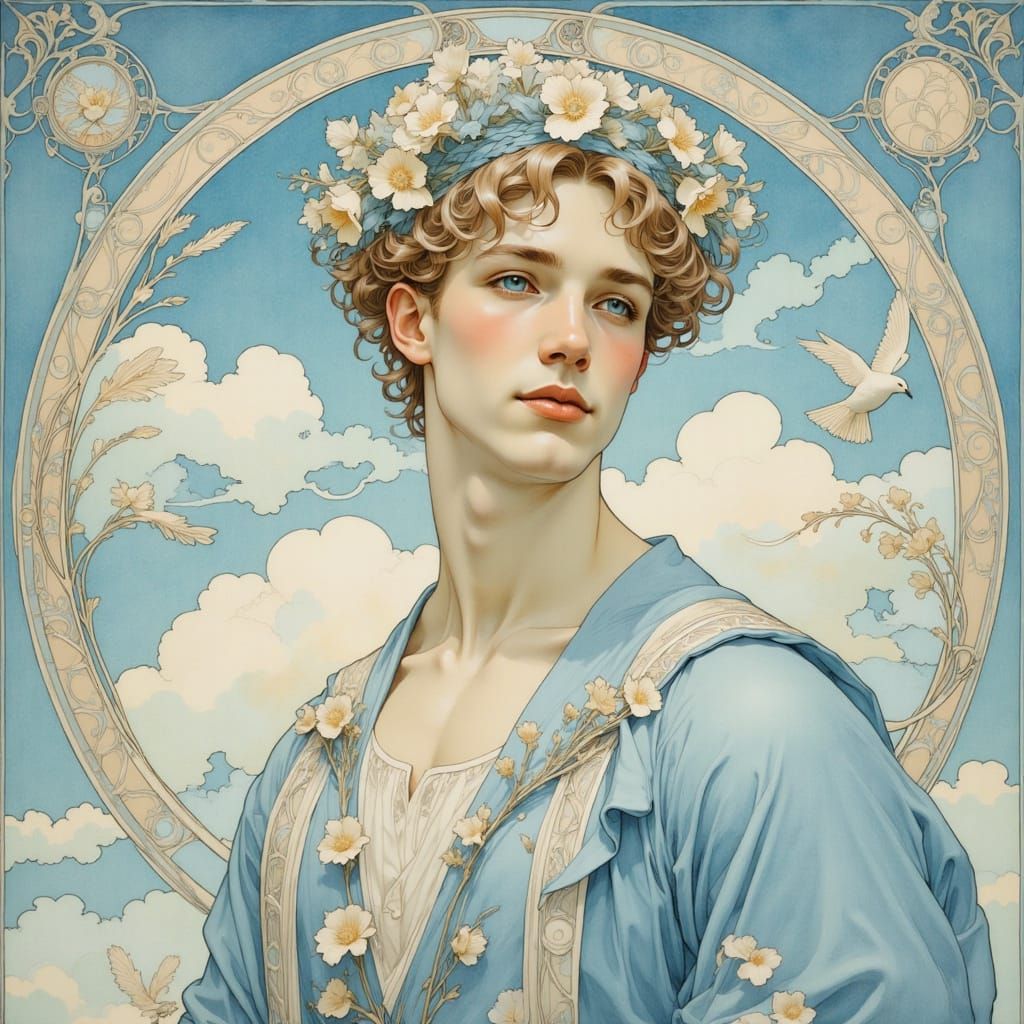 Art Nouveau Young Man in Blue Attire