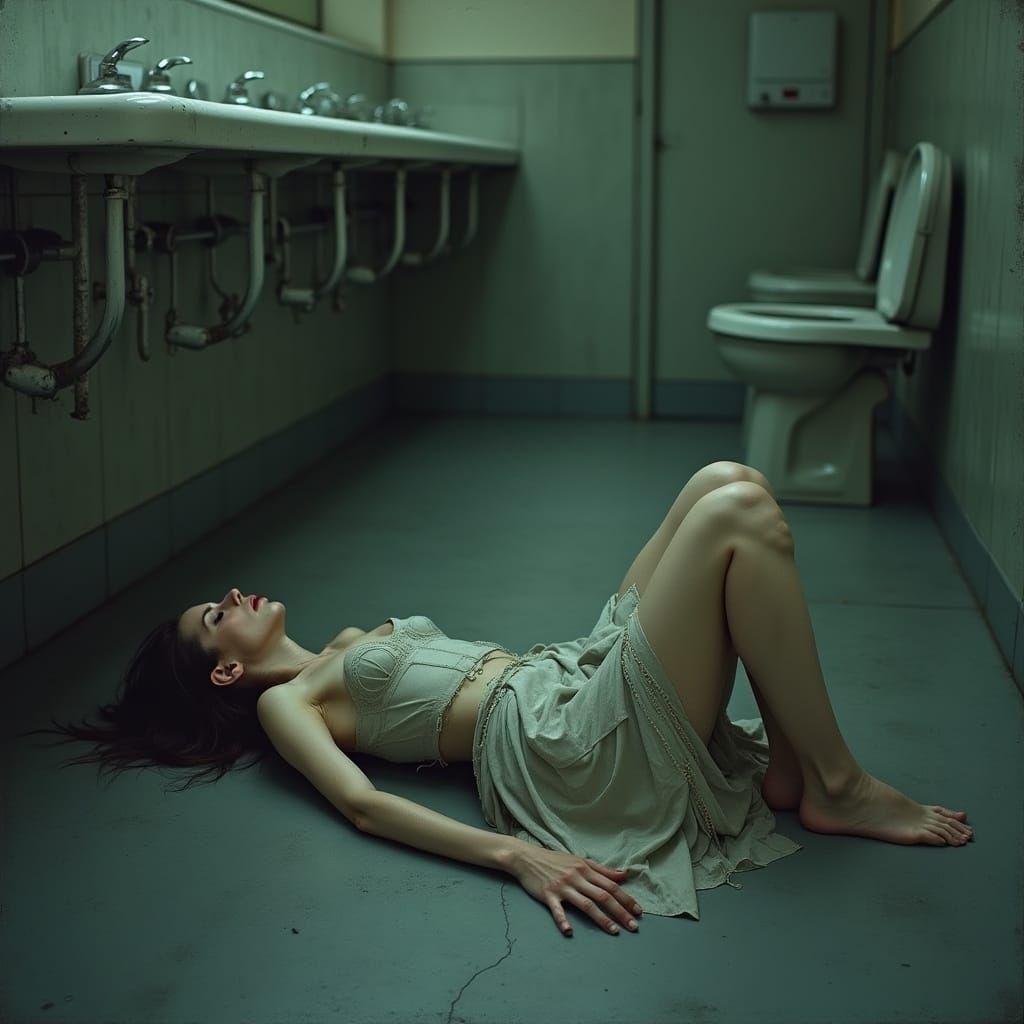 Pale Woman on Bathroom Floor: Somber Realism