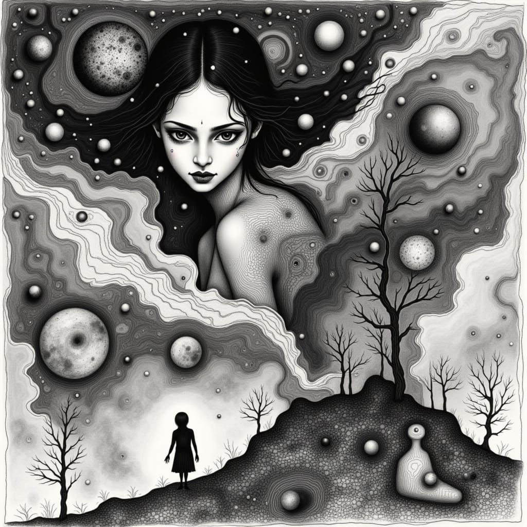 <lora:Illustrated Pix:1.0> black and white, mystical and poetic dreamlike Paul Klee, surreal and celestial, etching & d...