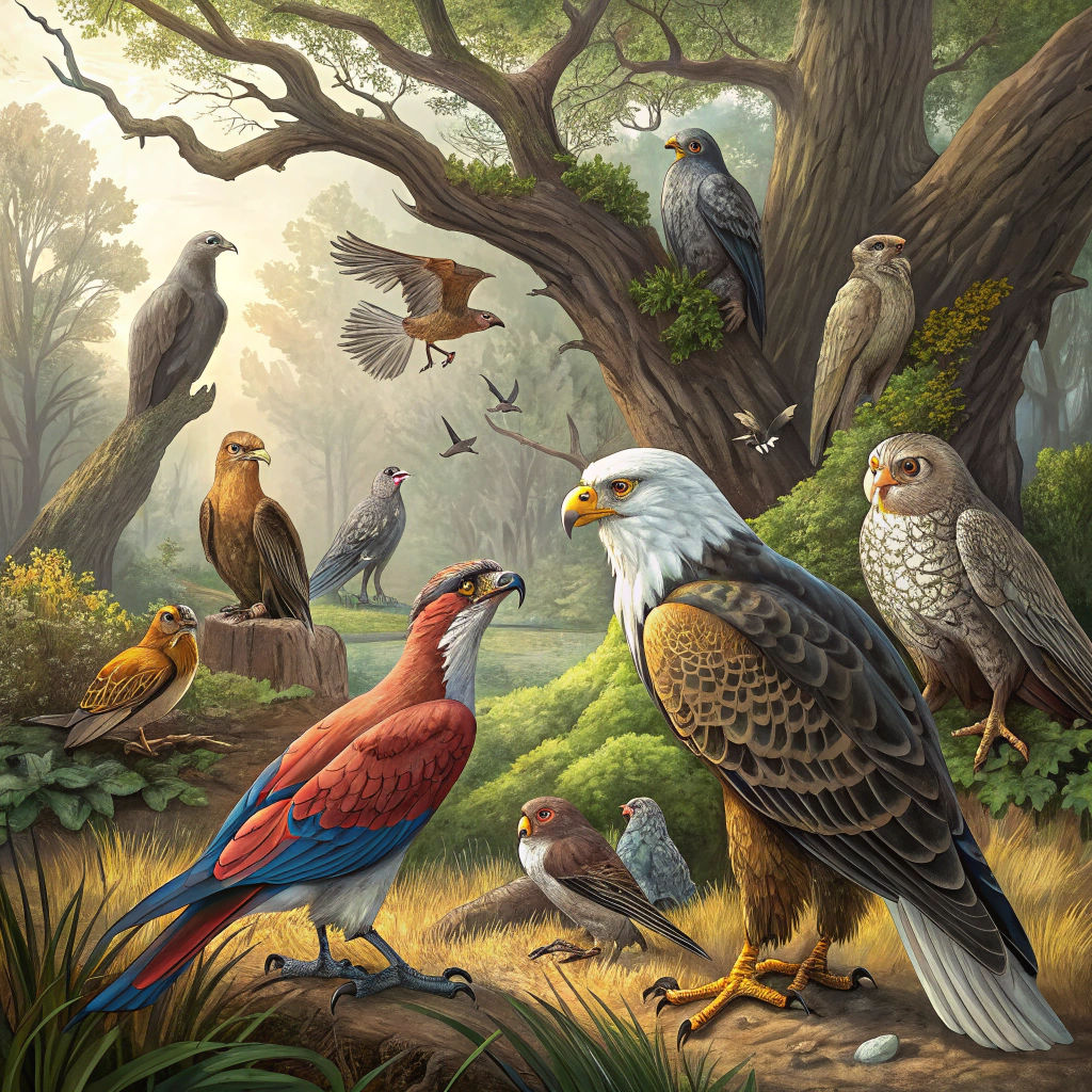 Diverse Bird Flock in Lush Forest Clearing