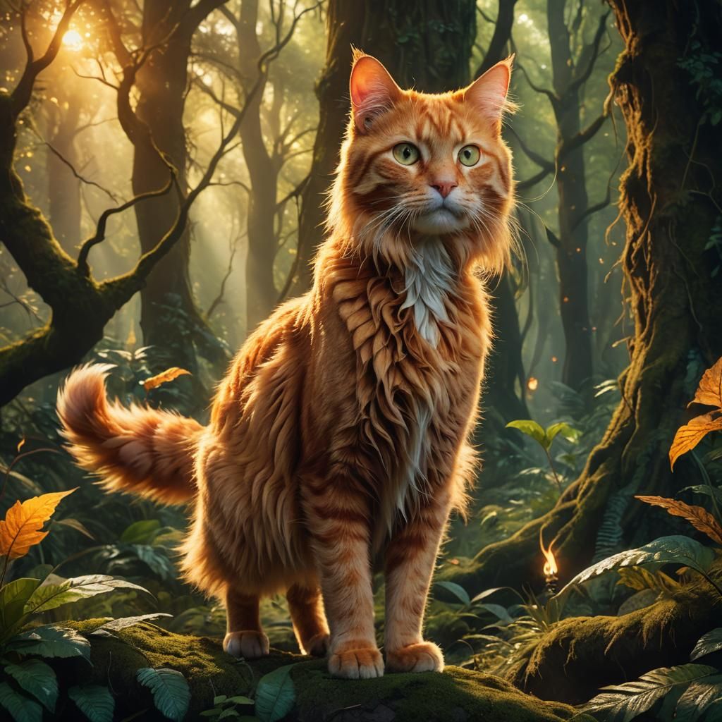 Mystical Ginger Cat in Enchanted Forest