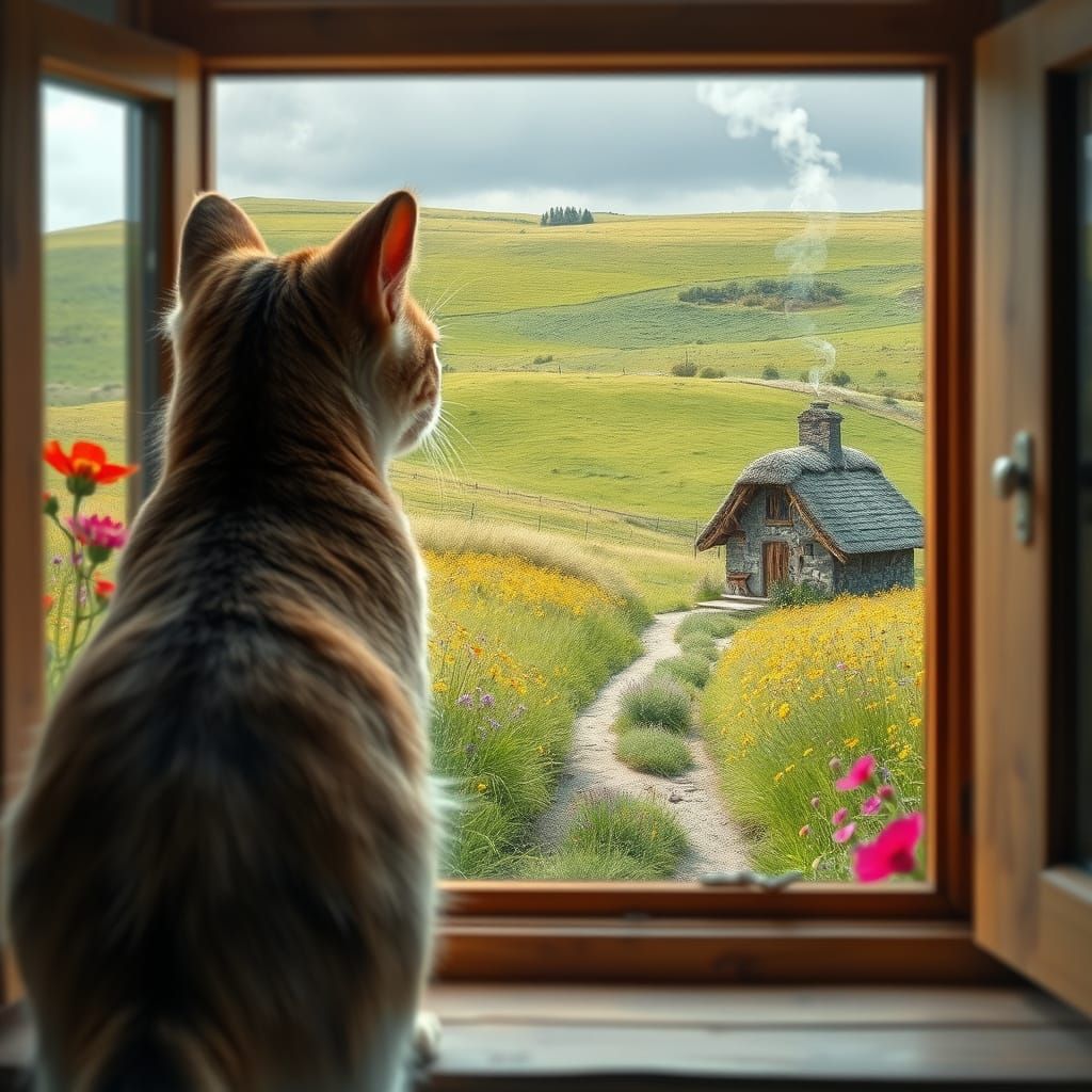 Whimsical Cat Invites You to Admire the Lush Countryside