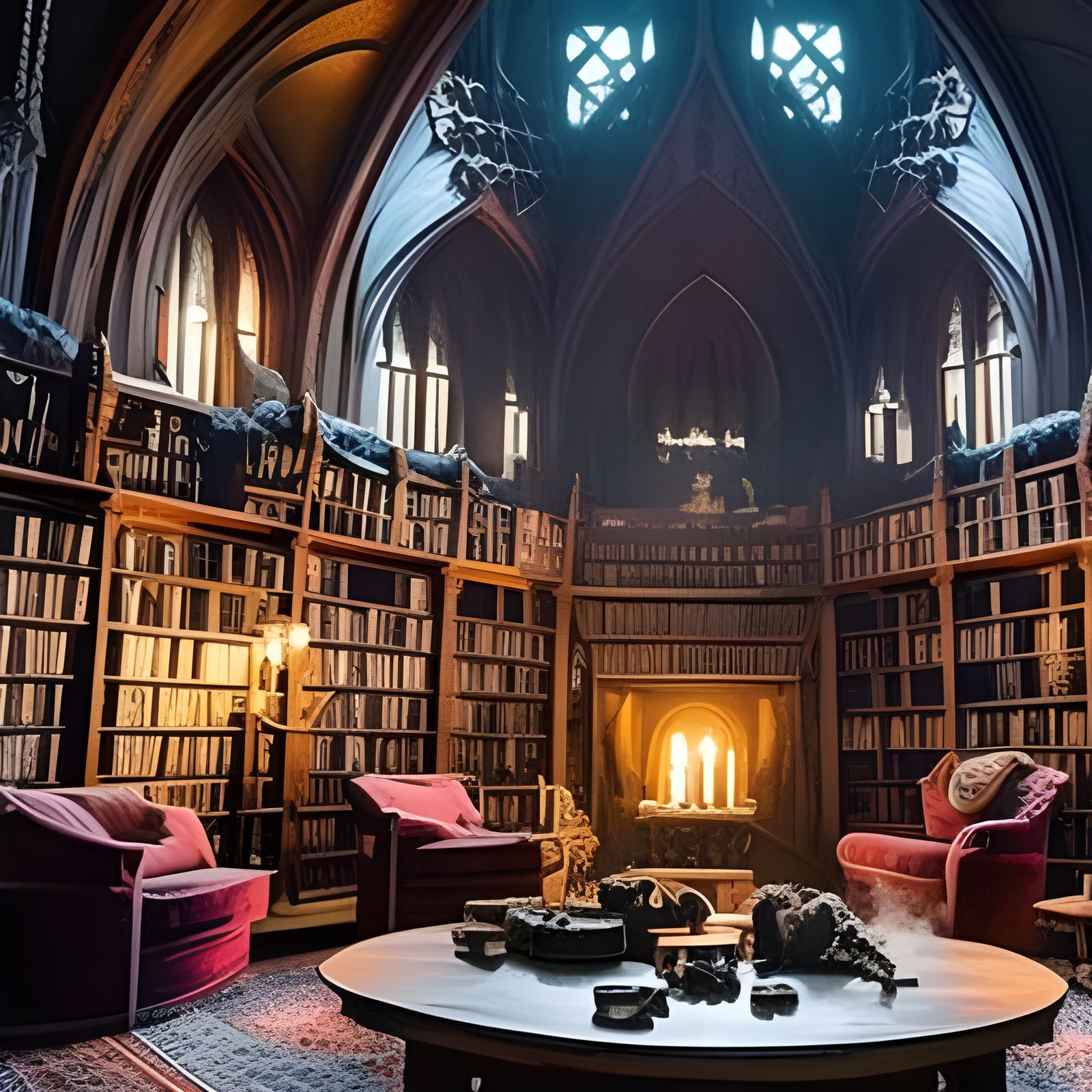 Detailed Wizard's Library with Fireplace, Digital Matte Pain...