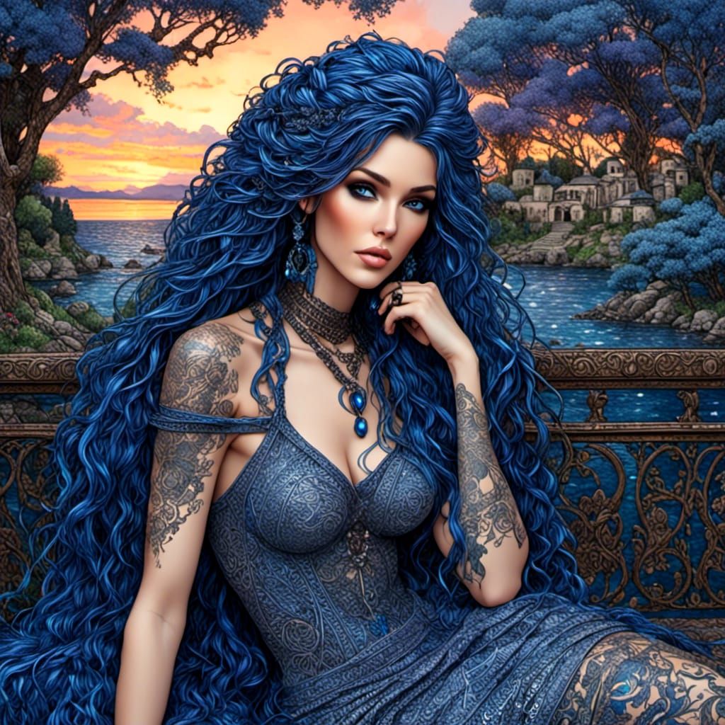 Beautiful Woman with Blue Hair in Digital Art