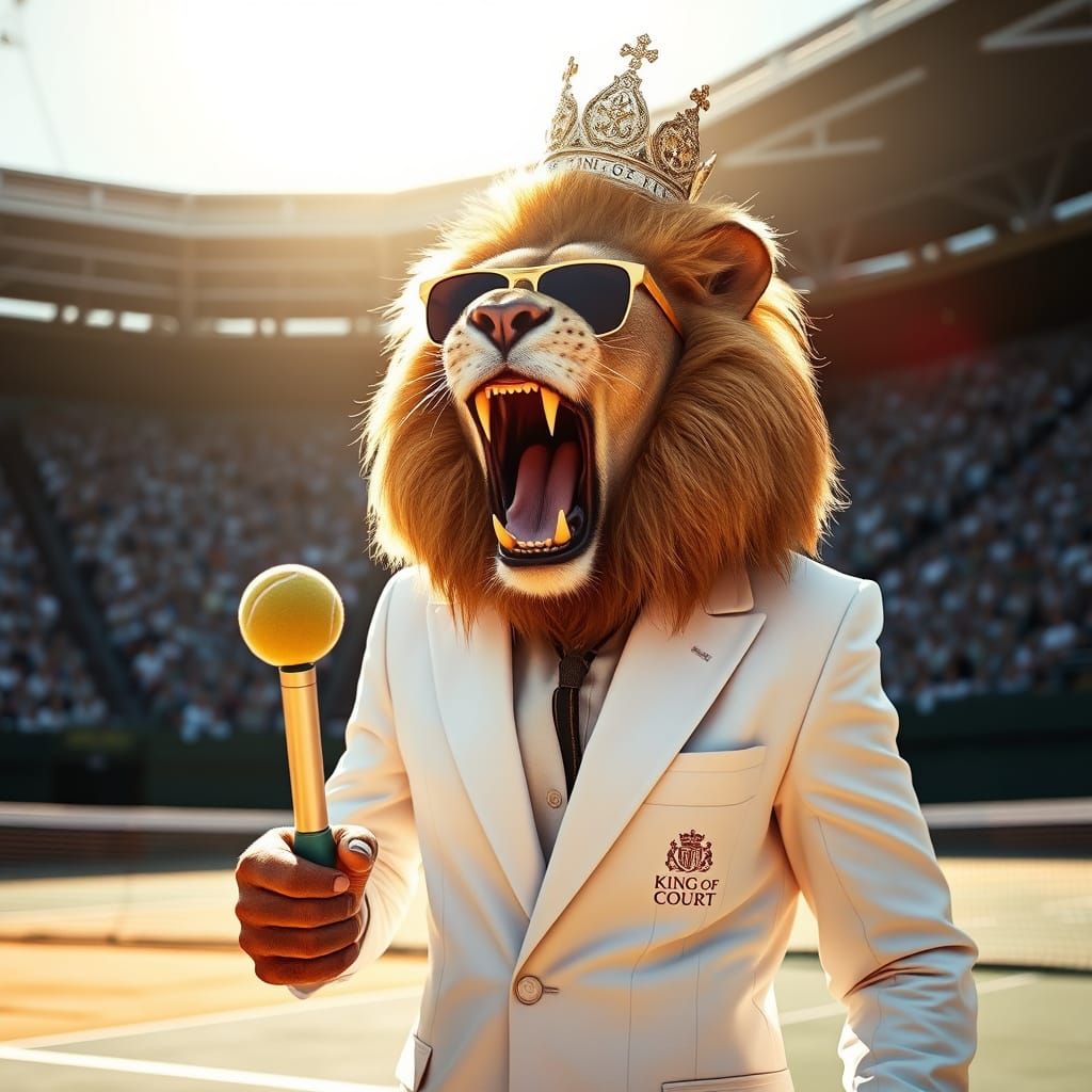 Lion in Tennis Suit Roaring Triumphantly
