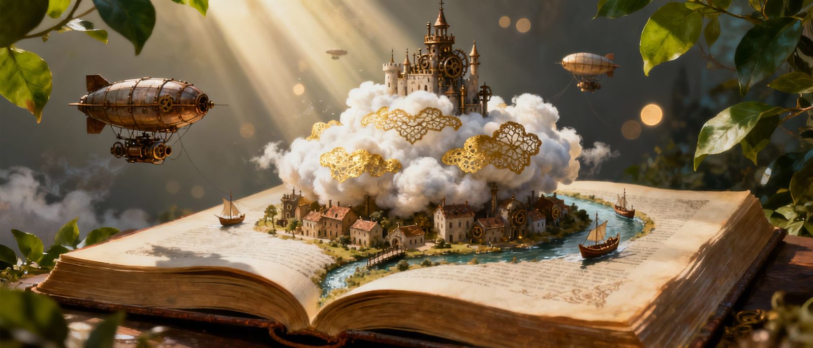 Steampunk Cloud Castle Emerges From Open Book