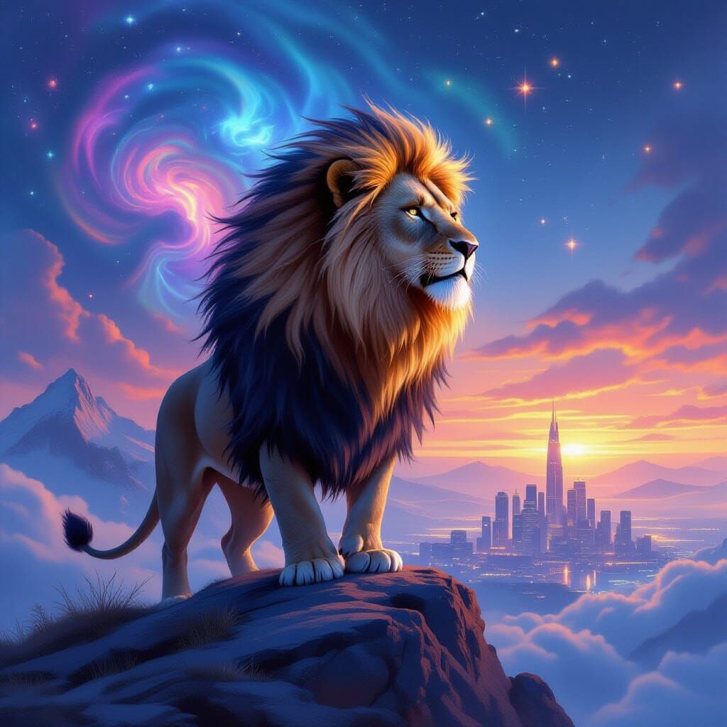 Majestic Lion with Nebula Mane Overlooking Futuristic City a...