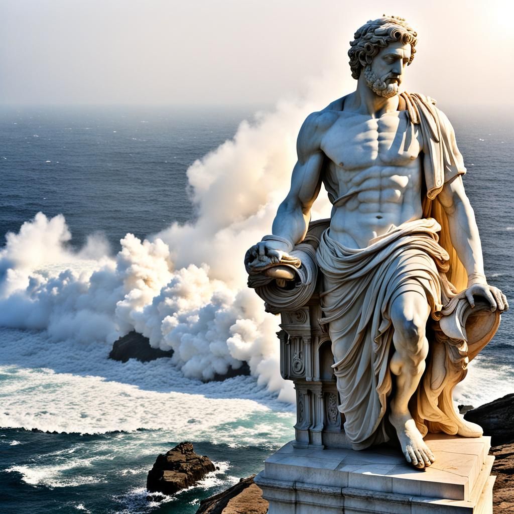 Ancient Philosopher Amidst Ocean Waves and Smoke
